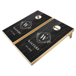 Classic Crest Monogram Established Dark Wood Cornhole Set