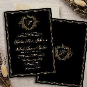 Classic crest monogram gold black wedding invitation