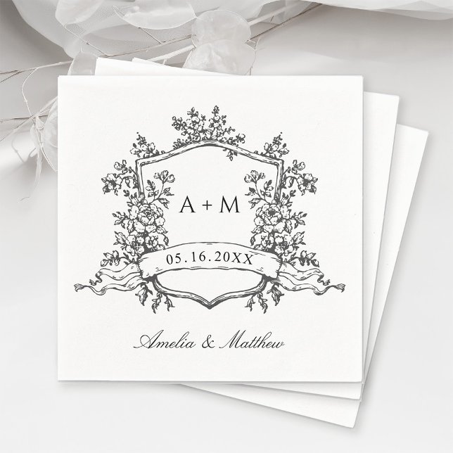 Classic Crest Monograms Wedding Black & White Napkins (Creator Uploaded)