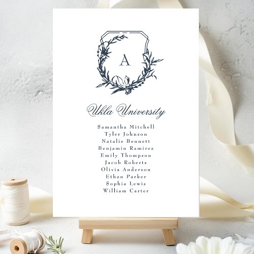 classic crest navy blue monogram seating chart table number