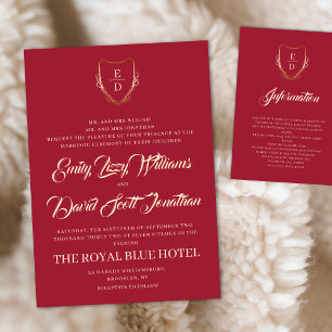 Classic Crimson Red Gold Monogrammed Elegant Invitation
