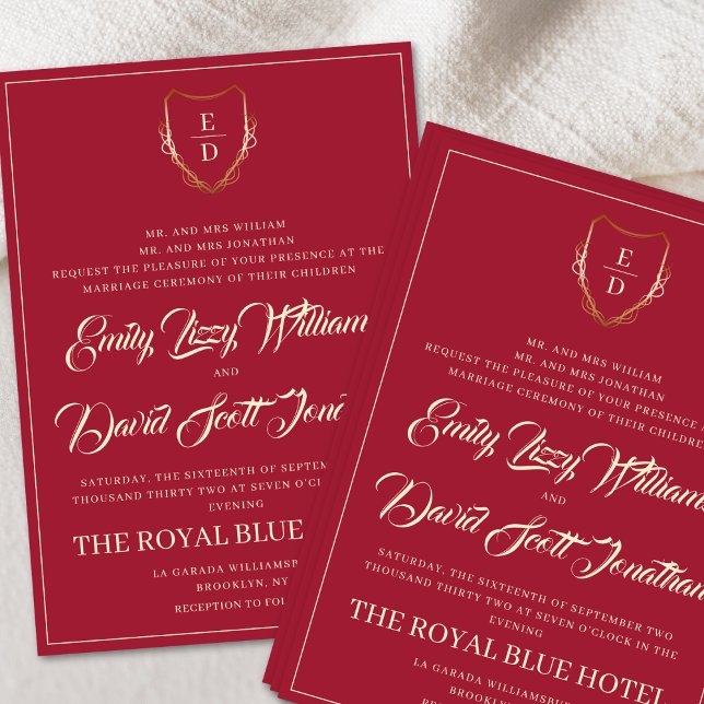 Classic Crimson Red Golden Monogram Whimsical  Invitation (Creator Uploaded)