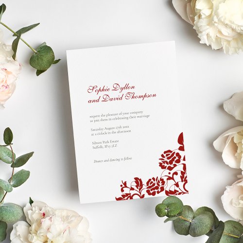 Classic Crimson Red Rose Lace Pattern Wedding Invitation