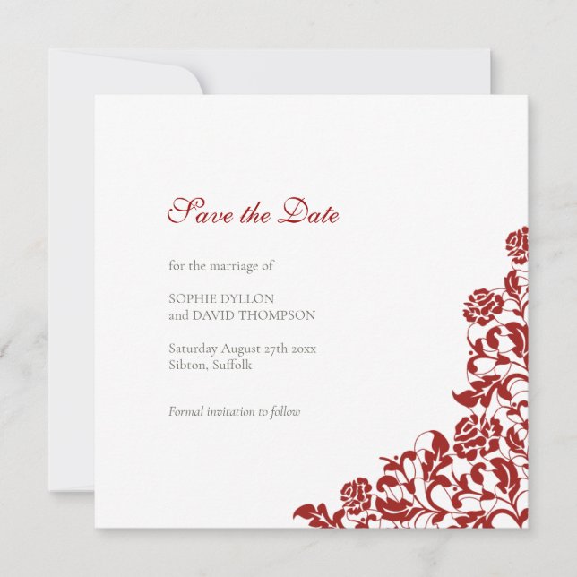 Classic Crimson Red Rose Lace Square Wedding Save The Date (Front)