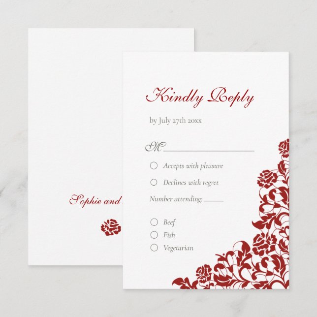 Classic Crimson Rose Red Lace Wedding  RSVP Card (Front/Back)