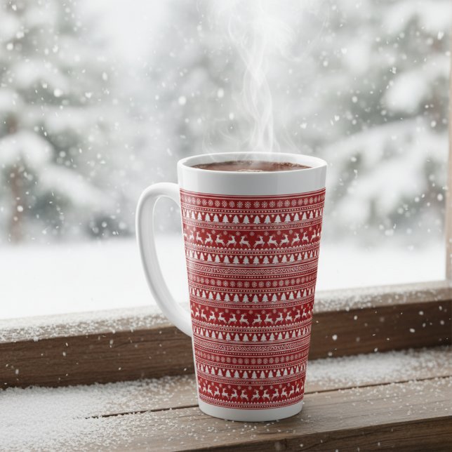 Classic Cristmas Reindeer Snowflakes Red and White Latte Mug (Creator Uploaded)