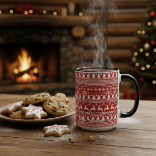 Classic Cristmas Reindeer Snowflakes Red and White Mug