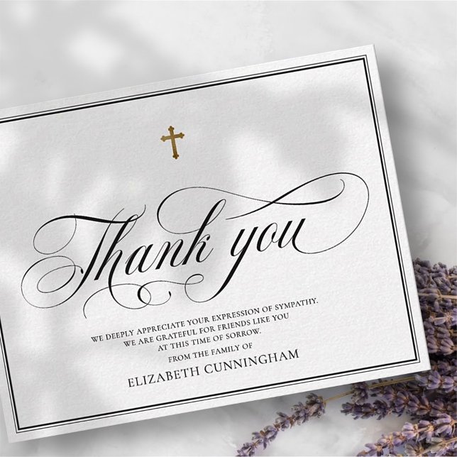 Classic Cursive Script Calligraphy Cross Memorial Thank You Card (Creator Uploaded)