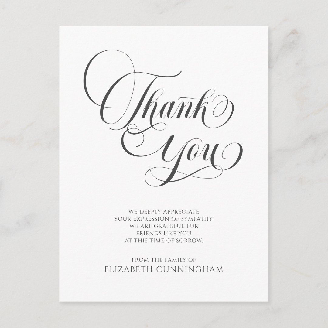 Classic Cursive Script Memorial Thank You Postcard | Zazzle