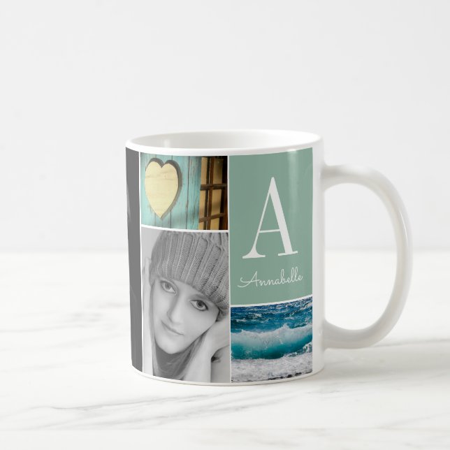 Classic Custom 6 Photo Collage Monogram Mint Green Coffee Mug (Right)