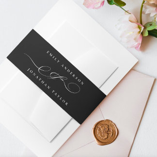 Classic Custom Black White Calligraphy Wedding Invitation Belly Band