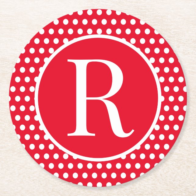 Classic Custom initial letter Polka Dot  Round Paper Coaster (Front)