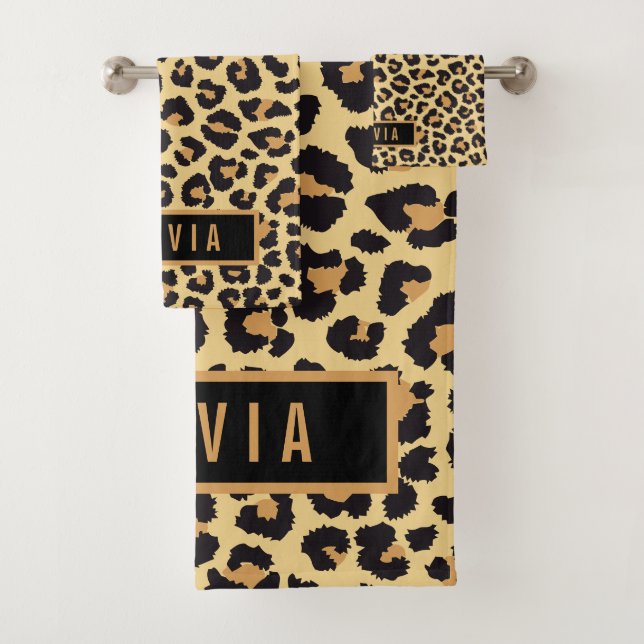 Classic Custom Name Leopard Animal Print Pattern Bath Towel Set (Insitu)