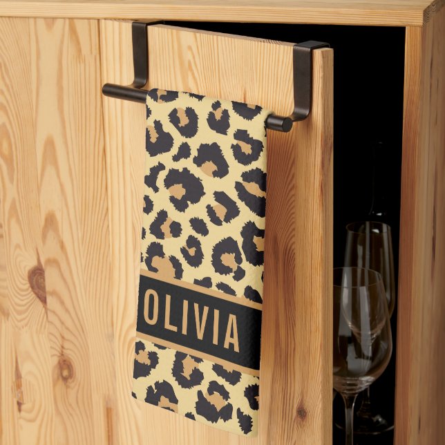 Classic Custom Name Leopard Animal Print Pattern Kitchen Towel (Thirds Fold)