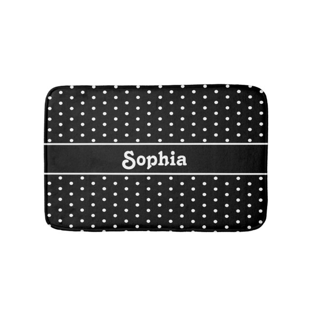 Classic Custom Name Polka Dot Black and White Bath Mat (Front)