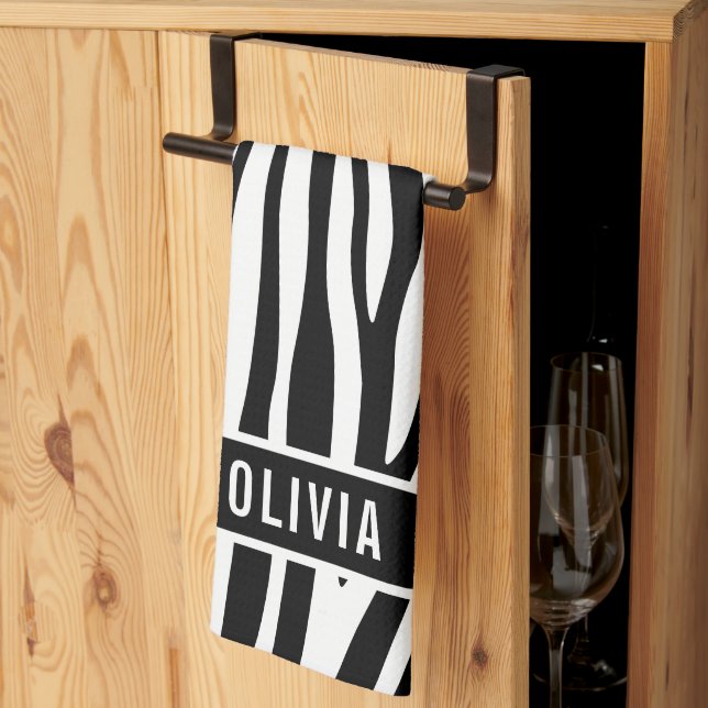Classic Custom Name Zebra Animal Print Pattern Kitchen Towel (Thirds Fold)