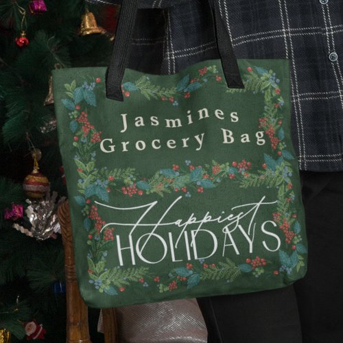 Classic Custom Text Botanical Holiday Christmas Tote Bag