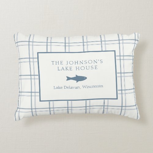 Classic Customizable Plaid Lake House Blue Fish Accent Pillow