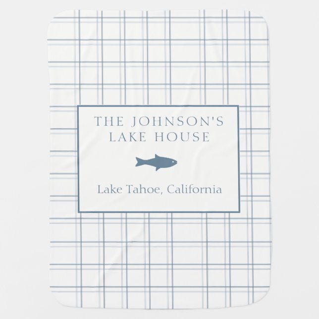 Classic Customizable Plaid Lake House Blue Fish Baby Blanket (Front)