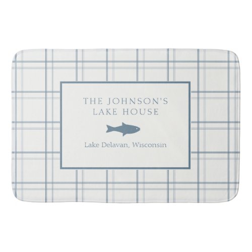 Classic Customizable Plaid Lake House Blue Fish Bath Mat