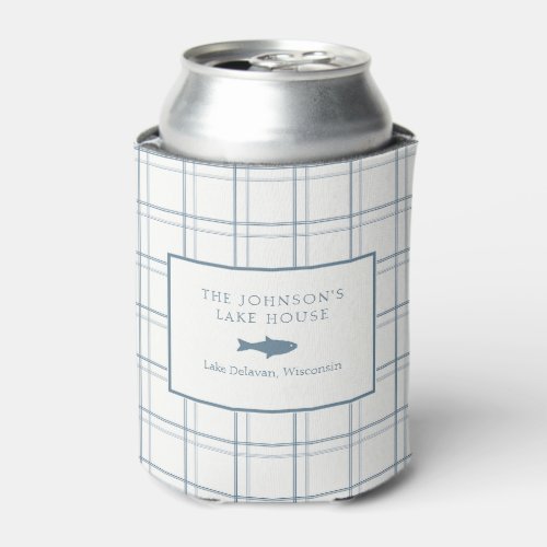 Classic Customizable Plaid Lake House Blue Fish Can Cooler
