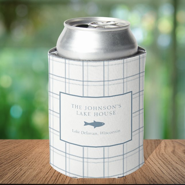 Classic Customizable Plaid Lake House Blue Fish Can Cooler (Creator Uploaded)