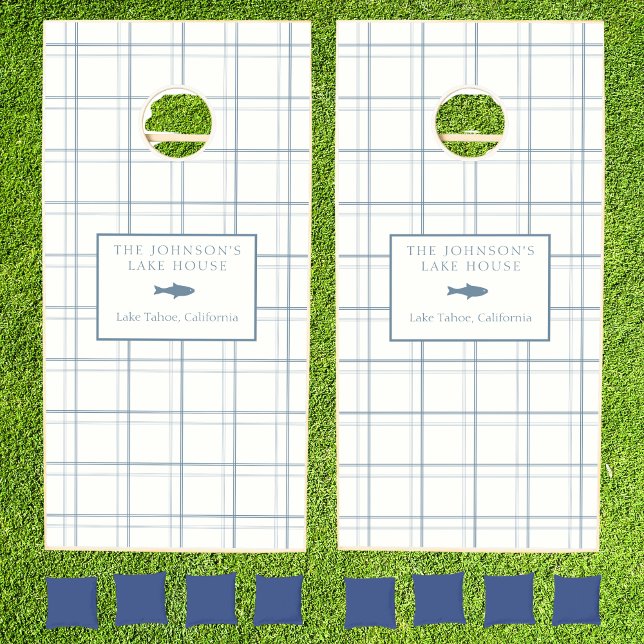 Classic Customizable Plaid Lake House Blue Fish Cornhole Set (Creator Uploaded)
