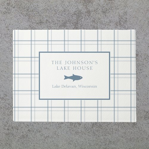 Classic Customizable Plaid Lake House Blue Fish Doormat