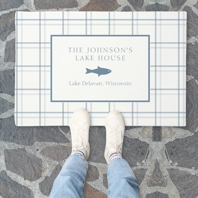Classic Customizable Plaid Lake House Blue Fish Doormat (Elevate your lake house entrance with an elegant custom-made doormat, bespoke with your family name.)