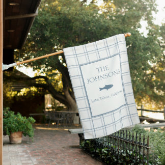 Classic Customizable Plaid Lake House Blue Fish Flag