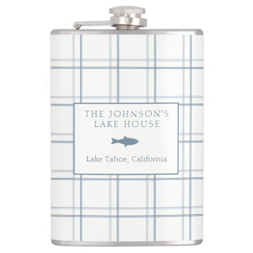Classic Customizable Plaid Lake House Blue Fish Flask