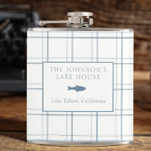 Classic Customizable Plaid Lake House Blue Fish Flask