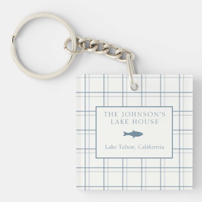 Classic Customizable Plaid Lake House Blue Fish Keychain (Front)
