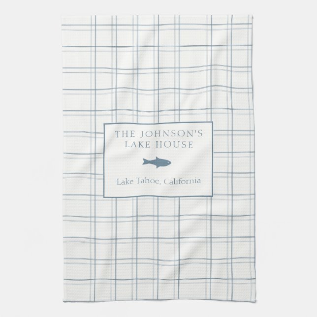 Classic Customizable Plaid Lake House Blue Fish Kitchen Towel (Vertical)