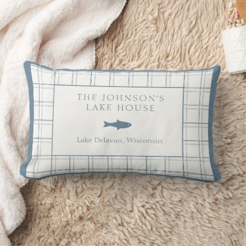 Classic Customizable Plaid Lake House Blue Fish  Lumbar Pillow