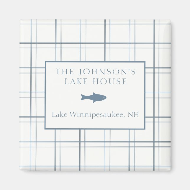 Classic Customizable Plaid Lake House Blue Fish Magnet (Front)
