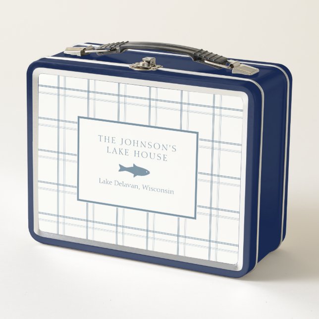 Classic Customizable Plaid Lake House Blue Fish Metal Lunch Box (Front)