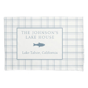 Classic Customizable Plaid Lake House Blue Fish Pillow Case