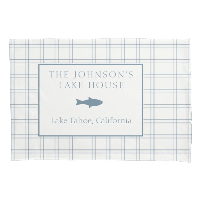 Classic Customizable Plaid Lake House Blue Fish Pillow Case (Front)