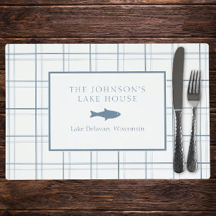 Classic Customizable Plaid Lake House Blue Fish Placemat