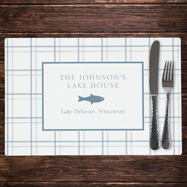 Classic Customizable Plaid Lake House Blue Fish Placemat (Make lake days memorable! Personalize these plaid placemats for your cozy cottage retreat.)