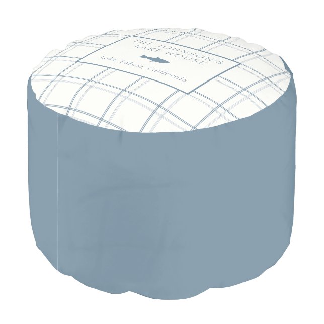 Classic Customizable Plaid Lake House Blue Fish Pouf (Angled Back)