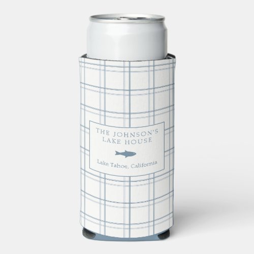 Classic Customizable Plaid Lake House Blue Fish Seltzer Can Cooler