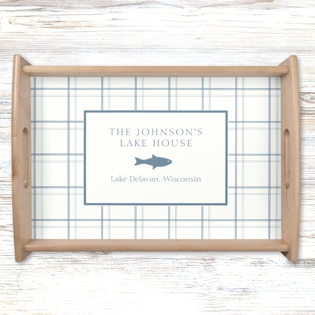 Classic Customizable Plaid Lake House Blue Fish Serving Tray (Creator Uploaded)