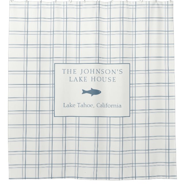 Classic Customizable Plaid Lake House Blue Fish Shower Curtain (Front)