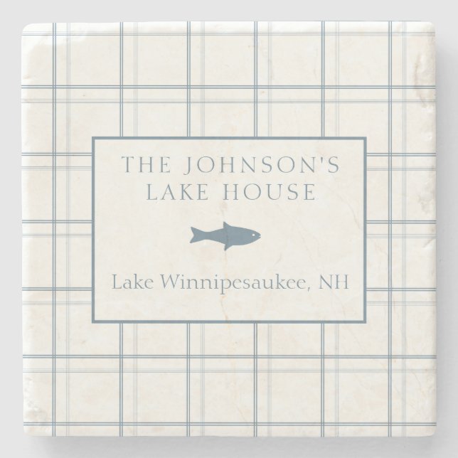 Classic Customizable Plaid Lake House Blue Fish Stone Coaster (Front)