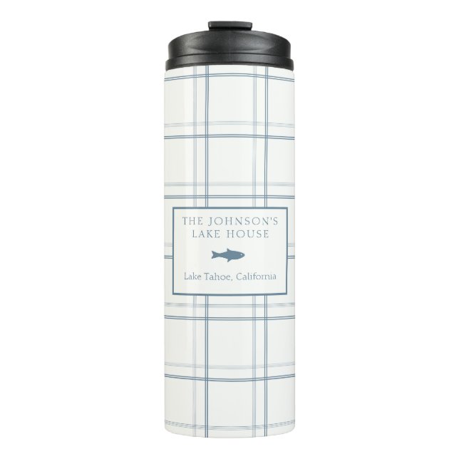 Classic Customizable Plaid Lake House Blue Fish Thermal Tumbler (Front)