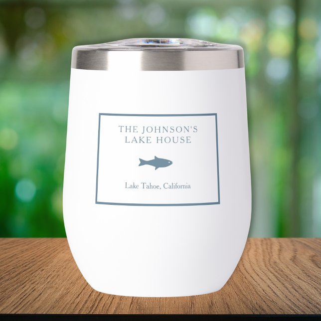 Classic Customizable Plaid Lake House Blue Fish Thermal Wine Tumbler (Custom Lake House Wine Tumbler – Personalize Family Name Fish Design – Perfect for Summer Retreats!)