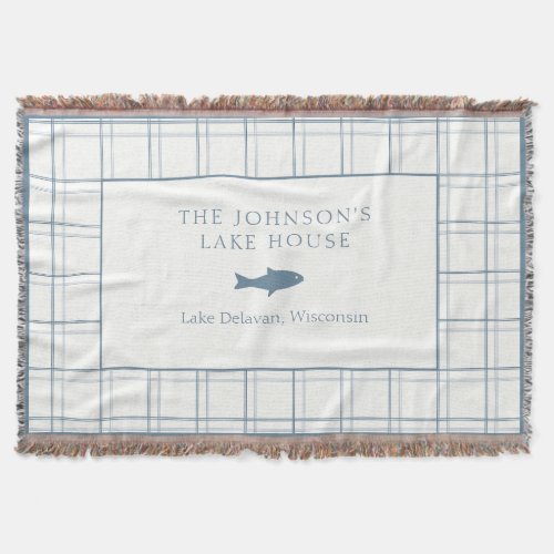Classic Customizable Plaid Lake House Blue Fish Throw Blanket
