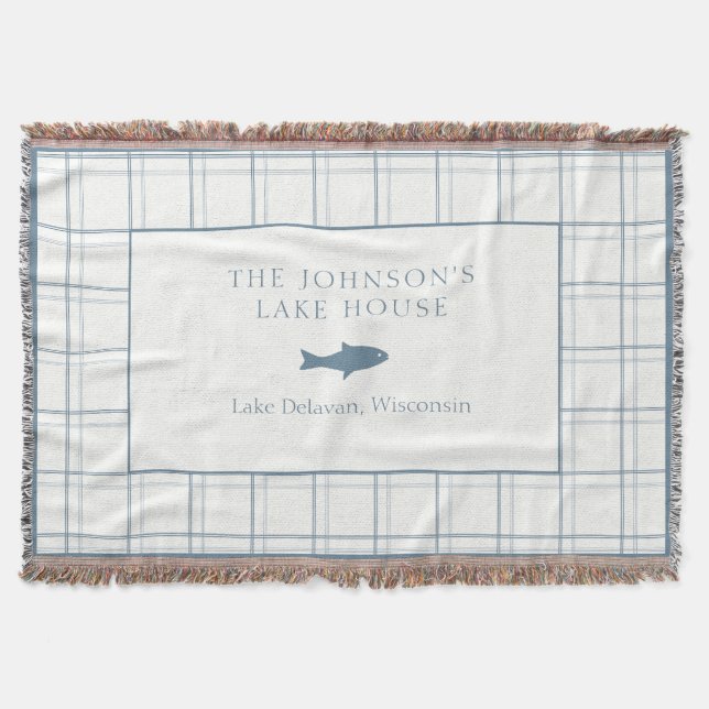 Classic Customizable Plaid Lake House Blue Fish Throw Blanket (Front)
